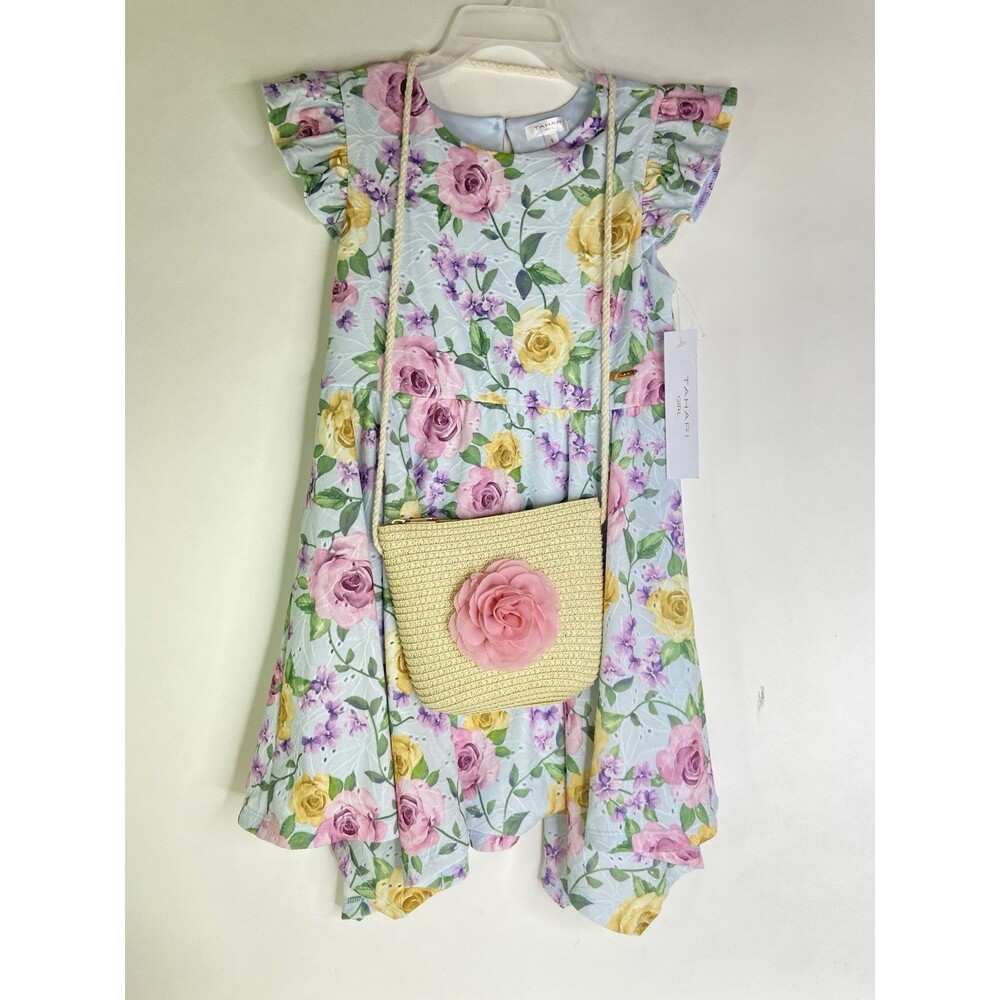 Tahari Girl Fit and Flare Dress Eyelet Floral Matching Purse Bag Girls Size 5